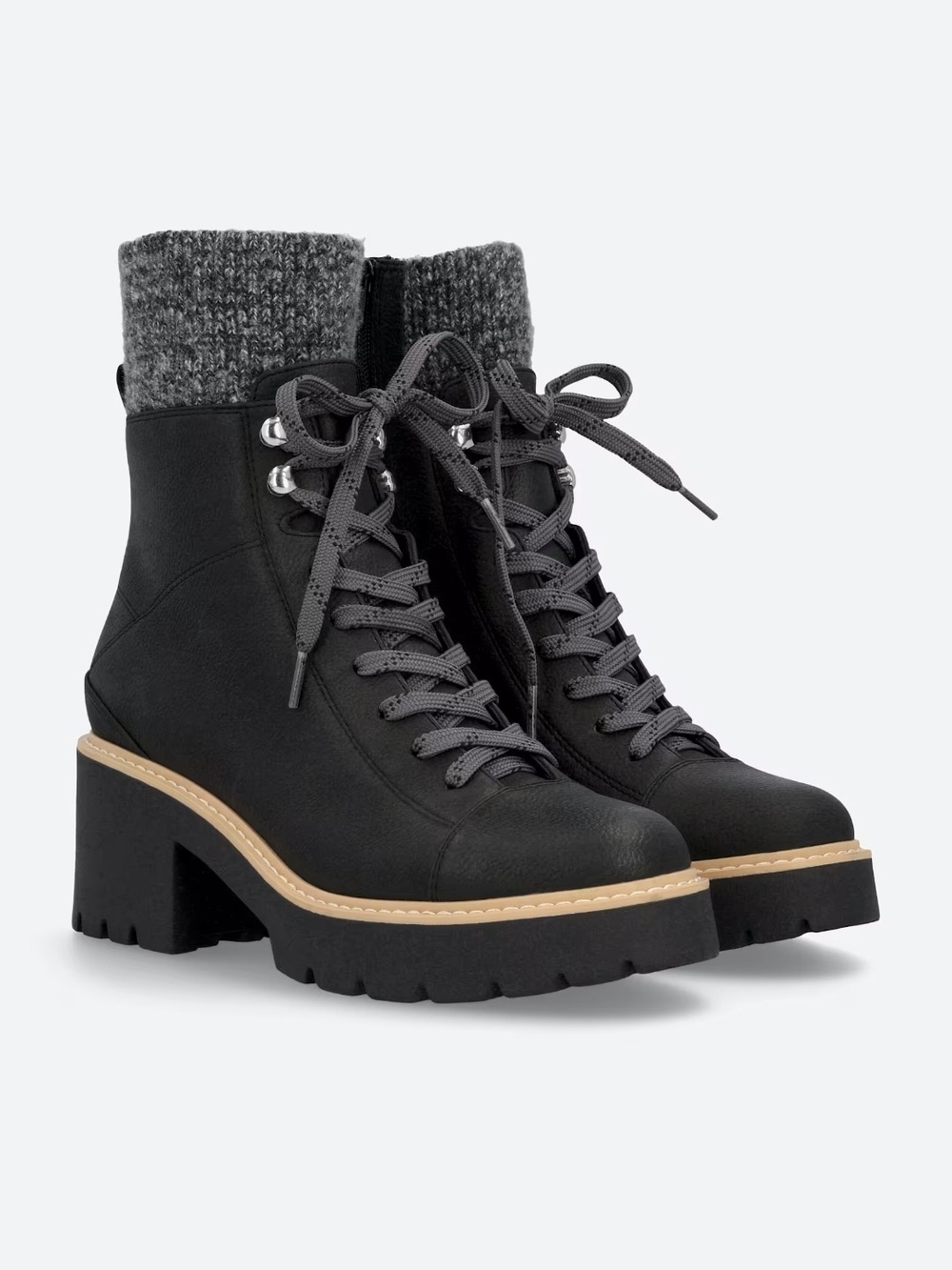 Dolce Vita Black Lace-Up Ankle Boots with Gray Knit Cuff and Tan Welt